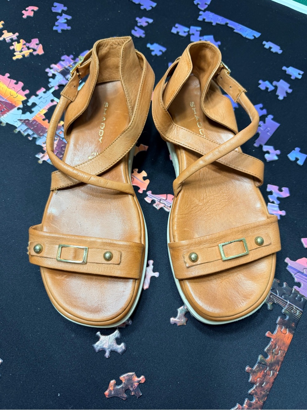 Shaddy Tan Leather Crossover Strap Sandals with Ankle Buckle